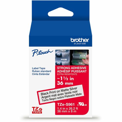 Brother  Label Tape,Xtra-Strgth,f/P-touch,1.4"x26.2',BKonMatte Silver
