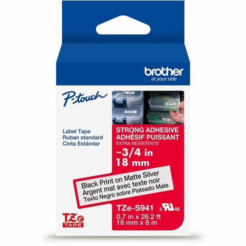 Brother  Label Tape,Xtra-Strgth,f/P-touch,0.7"x26.2',BKonMatte Silver