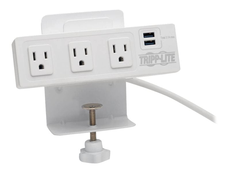 TRIPPLITE 3-OUT 10' CORD 2 USB PORTS W/CLAMP-WHT