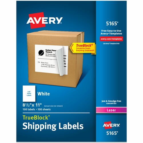 Avery  Shipping Labels, TrueBlock, 8-1/2"x11",100/BX,White