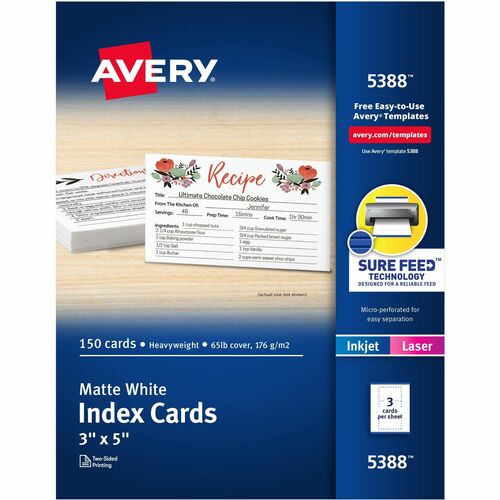 Avery  Laser/Inkjet Index Cards, Perforated, 3"x5", 150/BX, White