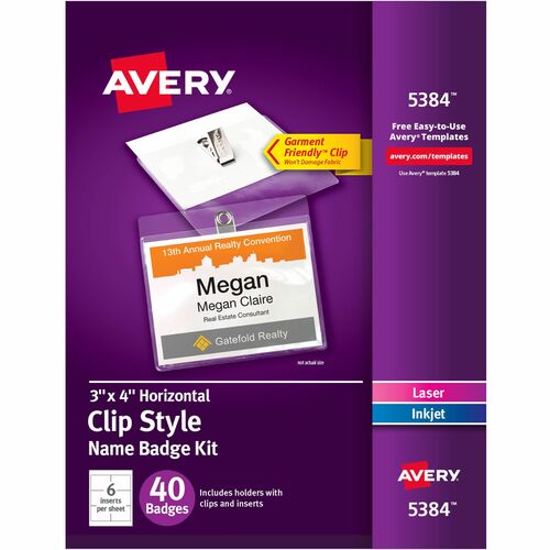 Avery  Name Badges,w/ Clip,Top Load,3"x4",40/BX,White