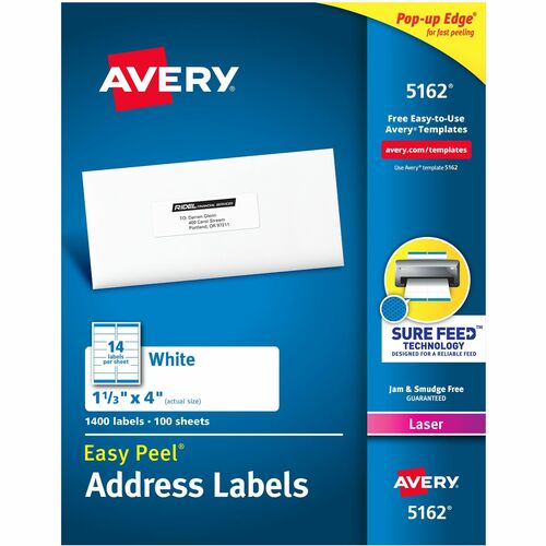 Avery  Laser Labels, Mailing,1-1/3"x4", 1400/BX, White