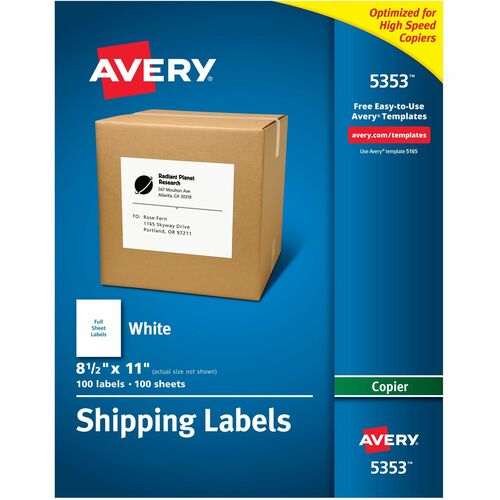 Avery  Copier Label, Full Sheet, 8-1/2"x11", 100/BX, White