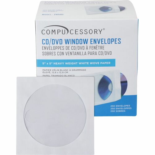 Compucessory  CD/DVD Window Envelopes, 5"x5", 250/BX, White