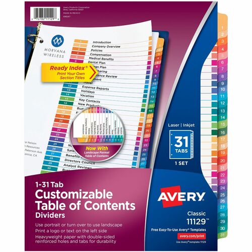 Avery  Index Dividers,T/Contents,1-31 Tab,3HP,8-1/2"x11",1 ST,Multi