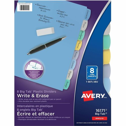 Avery  Write-on Dividers,Translucent,8-Tab,8-1/2"x11",Multi