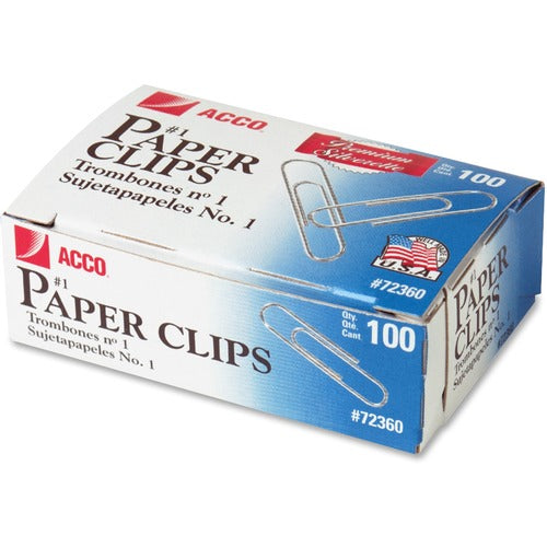 ACCO  Paper Clips, No 1 Size, .037 Wire Gauge,100/BX,10BX/PK,SR