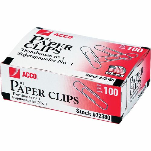 ACCO  Paper Clips, Regular, .033 Gauge, 100/BX, 10BX/PK, Silver