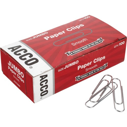 ACCO  Paper Clips, Jumbo, .041 Gauge, 100/BX, 10BX/PK, Silver