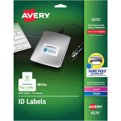 Avery  Perm ID Labels, 1-1/4"x1-3/4", 480/PK, White