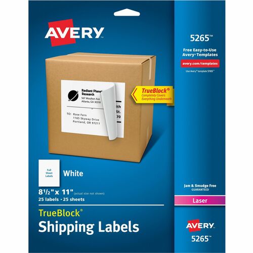 Avery  Shipping Labels, TrueBlock, 8-1/2"x11", 25/PK White