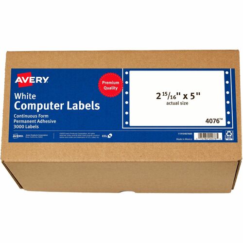 Avery  Labels, Pin-Fed, 1 Across, 5"x2-15/16", 3000/BX, White