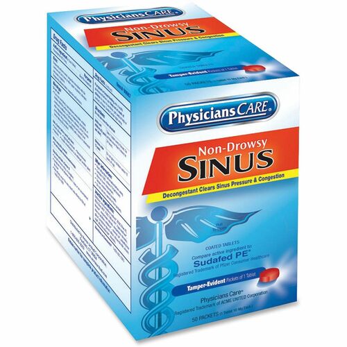 Acme United Corporation  Sinus Medication Tablets, Single Dose Packs, 1/PK, 50/BX