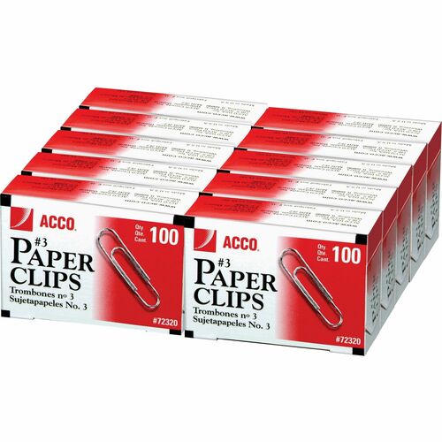 ACCO  Paper Clips, Plain, No. 3 Size, 100/BX, 10 BX/PK, Steel