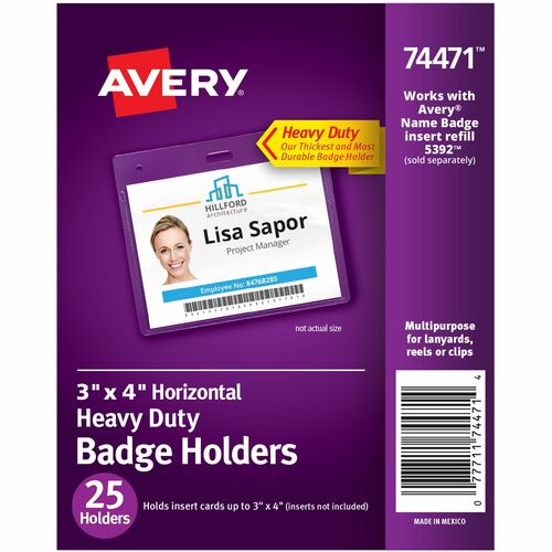 Avery  Badge Holders,Top Load,Landscape,Pre-Punched,3"x4", 25/PK