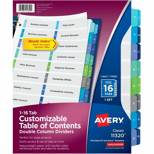 Avery  T/of Contents Dividers,Dble Column,1-16 Tab,11"x8-1/2",Multi