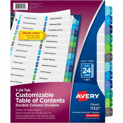 Avery  T/of Contents Dividers,Dble Column,1-24 Tab,11"x8-1/2",Multi
