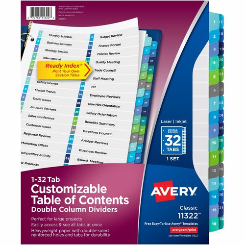 Avery  T/of Contents Dividers,Dble Column,1-32 Tab,11"x8-1/2",Multi