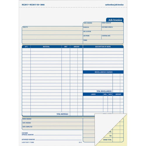 Adams  Job Invoice Form,2-Part,Corbels,8-1/2"x11-7/16",200Sht,BE/WE