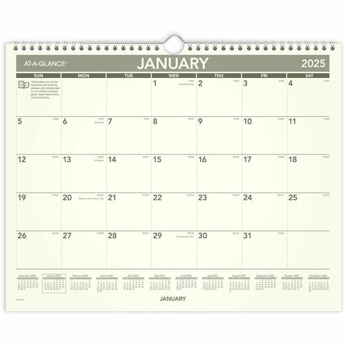 AT-A-GLANCE  Monthly Wall Calendar,12-Mth Jan-Dec,15"x12",Cream/GN