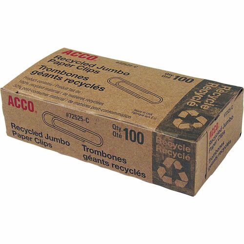 ACCO  Recycled Paper Clips,No 4, 1-13/23" Size,Jumbo,100/BX, SR