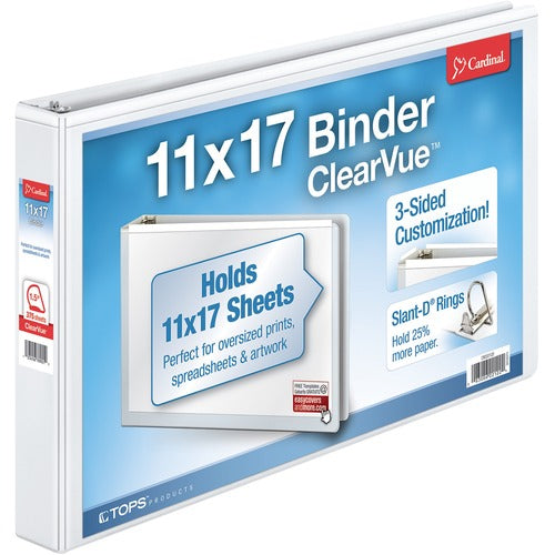 Cardinal  Clearvue D-Ring Binders, 11"x17", 1-1/2" Capacity, White