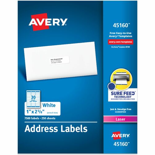 Avery  Laser Labels, Mailing, 1"x2-5/8", 7500/BX, White