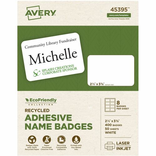 Avery  Labels, Name Badges, 2-1/3"x3-3/8", 400/BX, White