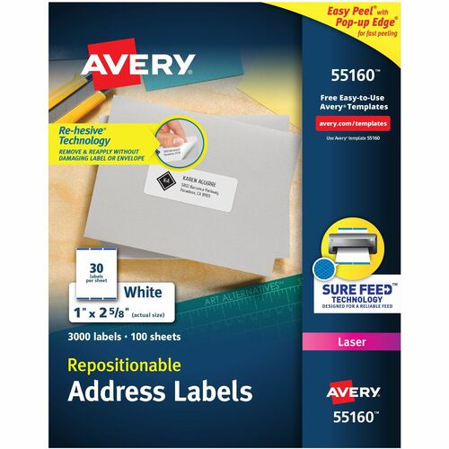 Avery  Laser Labels, Address, 1"x2-5/8", 3000/BX, White