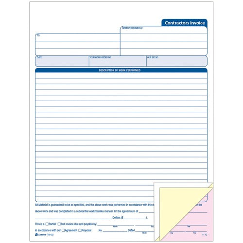 Adams  Contractors Invoice,3-Part,Crbnls,8-3/8"x11-7/16",50St/BK,WE