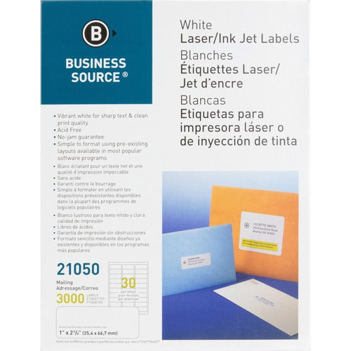 Business Source  Mailing Labels, Laser/Inkjet, 1"x2-5/8", 3000/PK, White