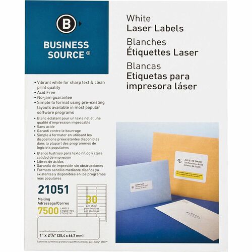 Business Source  Mailing Labels, Laser/Inkjet, 1"x2-5/8", 7500/PK, White