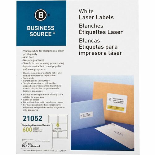 Business Source  Mailing Labels, Laser/Inkjet, 3-1/3"x4", 600/PK, White