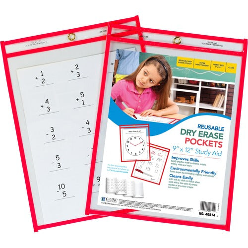C-Line  Dry Erase Pocket, Reusable, 9"x12", 30/BX, Red