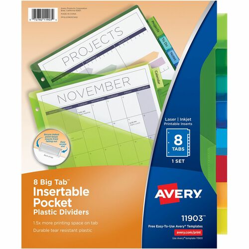Avery  Pocket Insertable Dividers, Plastic, 8-Tab, Multi-Color