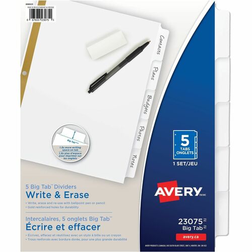Avery  Write-On Dividers,w/Erasable Tabs,5-Tab,11"x8-1/2",White