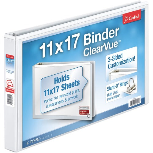 Cardinal  Clearvue D-Ring Binders, 11"x17", 1" Capacity, White