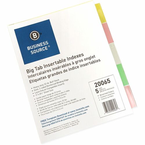 Business Source  Insertable Tab Indexes,11"x8-1/2",5/ST,Buff Paper/Multi