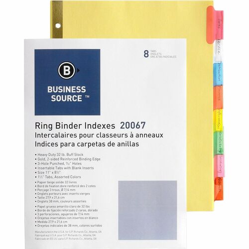 Business Source  Insertable Tab Indexes,11"x8-1/2",8/ST,Buff Paper/Multi