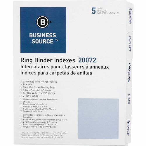 Business Source  Erasable Tab Indexes, 3HP, 11"x8-1/2", 5/ST, White