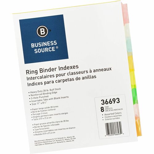Business Source  Ring Binder Indexes,1-1/2" Tabs,11"x8-1/2",8 Tabs/Set,MI