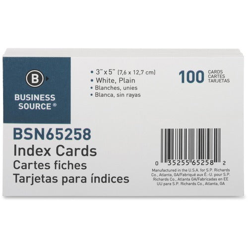 Business Source  Index Cards, Plain, 90lb., 3"x5", 100/PK, White