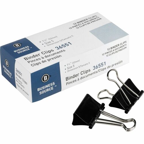 Business Source  Binder Clip, Medium, 1-1/4", Steel, 5/8" Cap.,1 DZ,Black