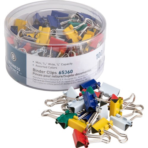 Business Source  Binder Clips, Mini, 9/16"W, 1/4" Capacity, 100/PK, Assorted