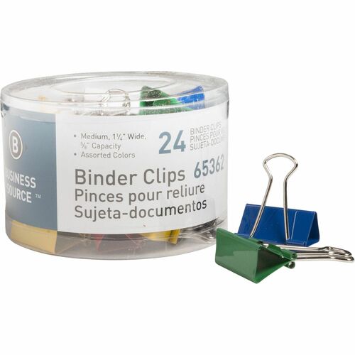 Business Source  Binder Clips, Medium 1-1/4"W, 5/8" Capacity, 24/PK, Assorted