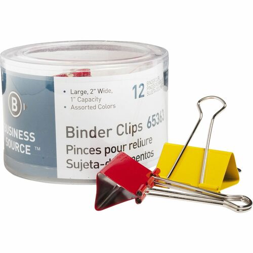 Business Source  Binder Clips, Large 2"W, 1" Capacity, 12/PK, Assorted
