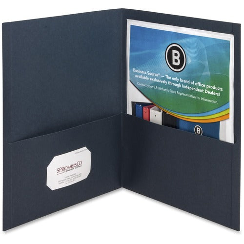 Business Source  2-Pocket Folders, 100 Sht Cap, Letter, 12"x9", 25/BX, D.BLUE