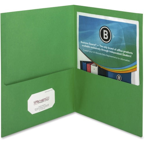 Business Source  2-Pocket Folders, 100 Sht Cap, Letter, 12"x9", 25/BX, GREEN