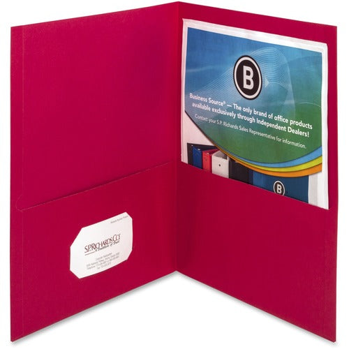 Business Source  2-Pocket Folders, 100 Sht Cap, Letter, 12"x9", 25/BX, RED